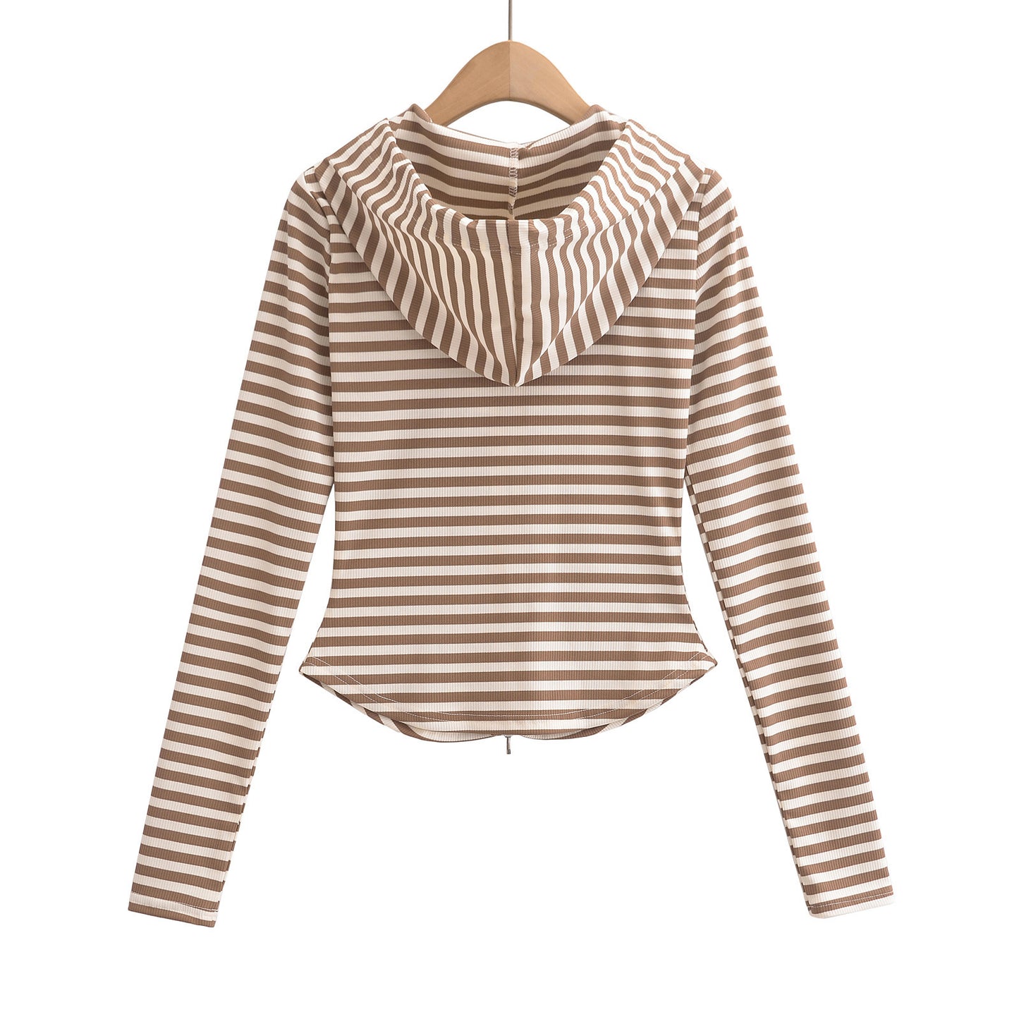 Striped drawstring hooded zipper cardigan top