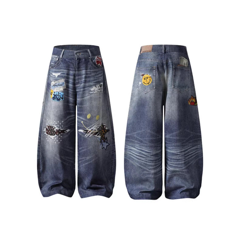 Embroidered Denim Pants Unisex Wide Leg Straight Leg Long Pants Trendy