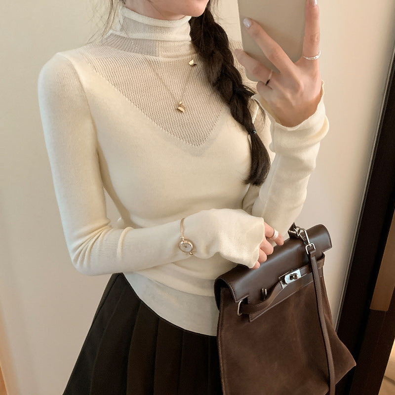 Solid Color Sheer Panel High Neck Knitwear Top for Women,Style Chic Mini Shirt