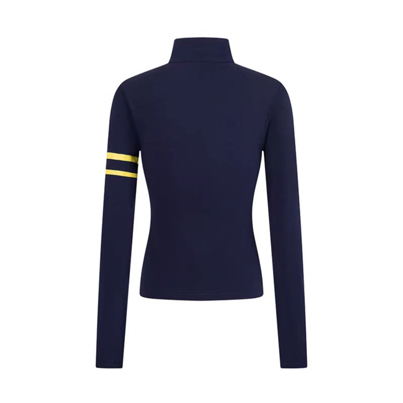 Printed Stand-Up Collar Long Sleeve T-Shirt for Women Fitted Slim Fit Sporty Top