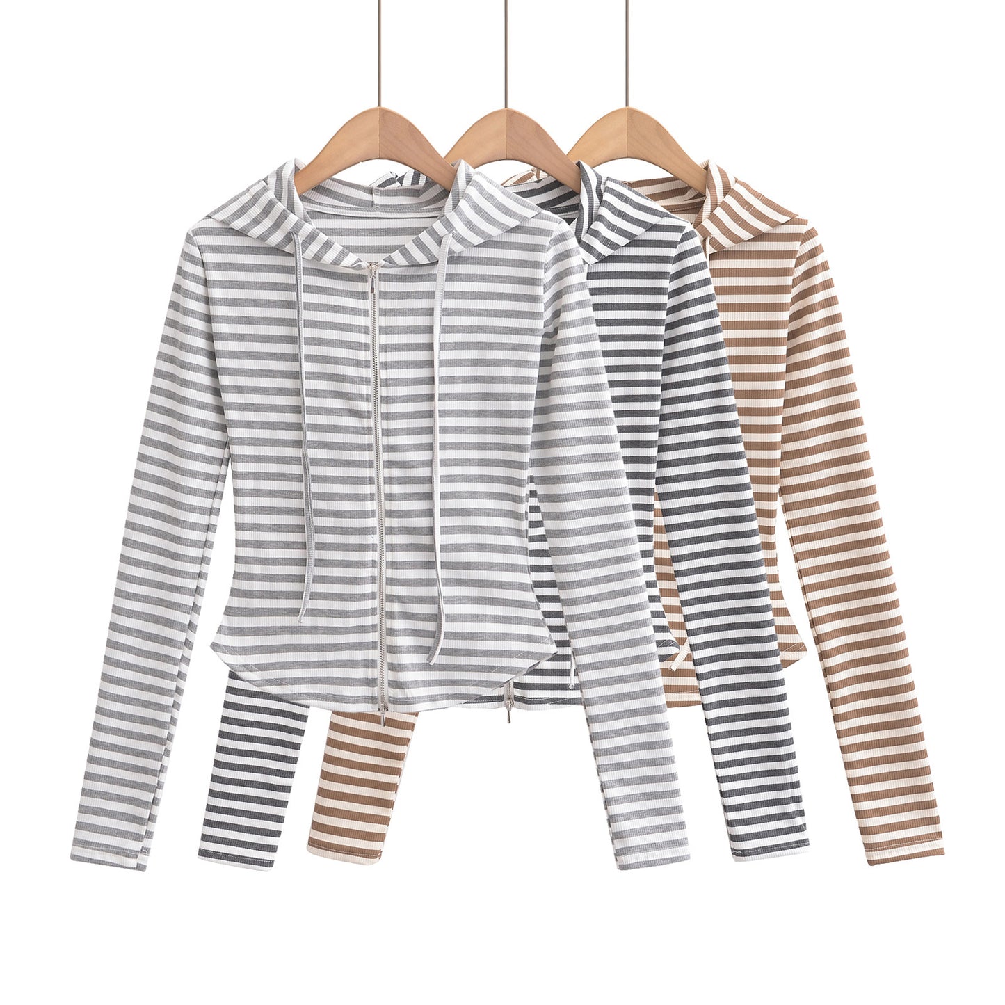 Striped drawstring hooded zipper cardigan top