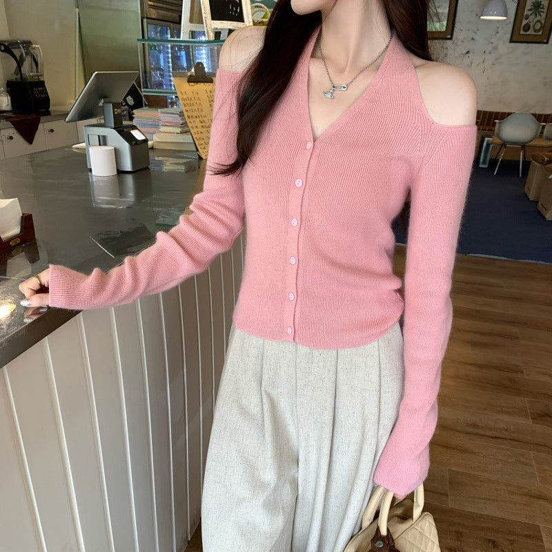بلوزة نسائية أنيقة صفراء بأكمام طويلة منسوجة بكتف مكشوف وتصميم معلق حول الرقبة
