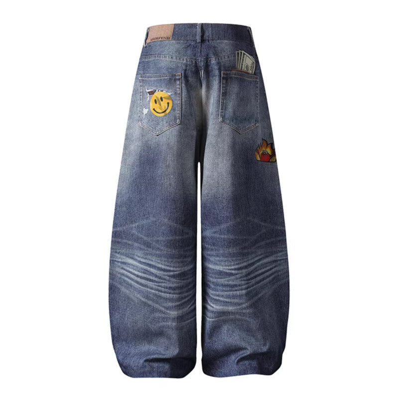Embroidered Denim Pants Unisex Wide Leg Straight Leg Long Pants Trendy