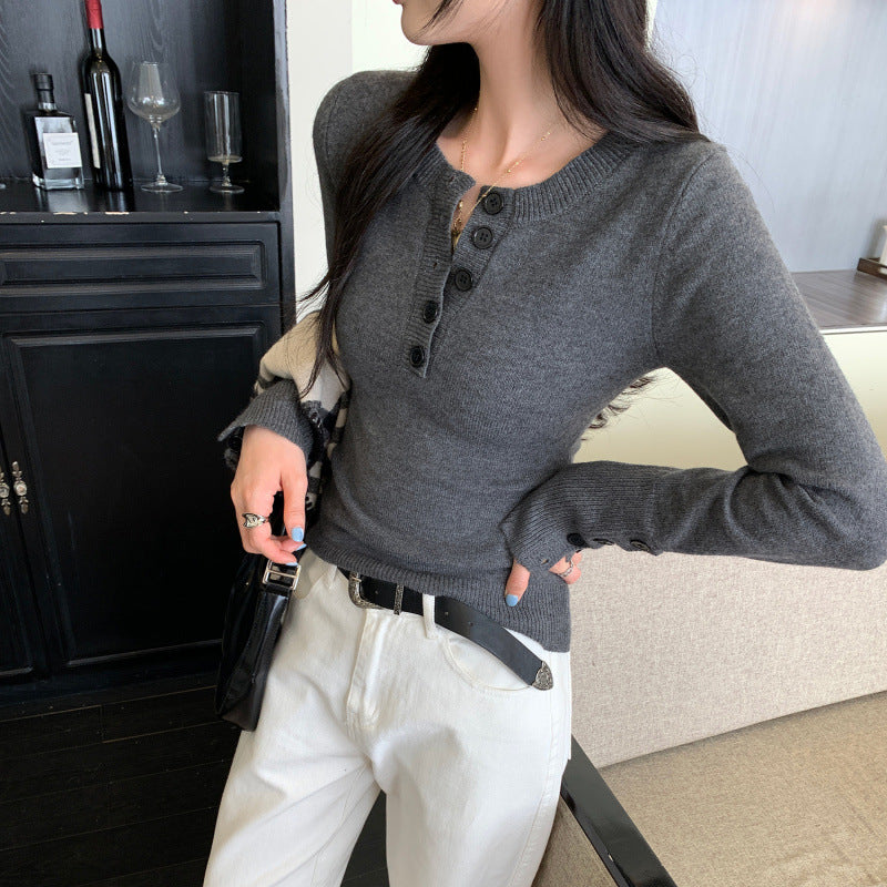 Style Henley Neck Knit Sweater for Women, Slim Fit Long Sleeve Pullover Top