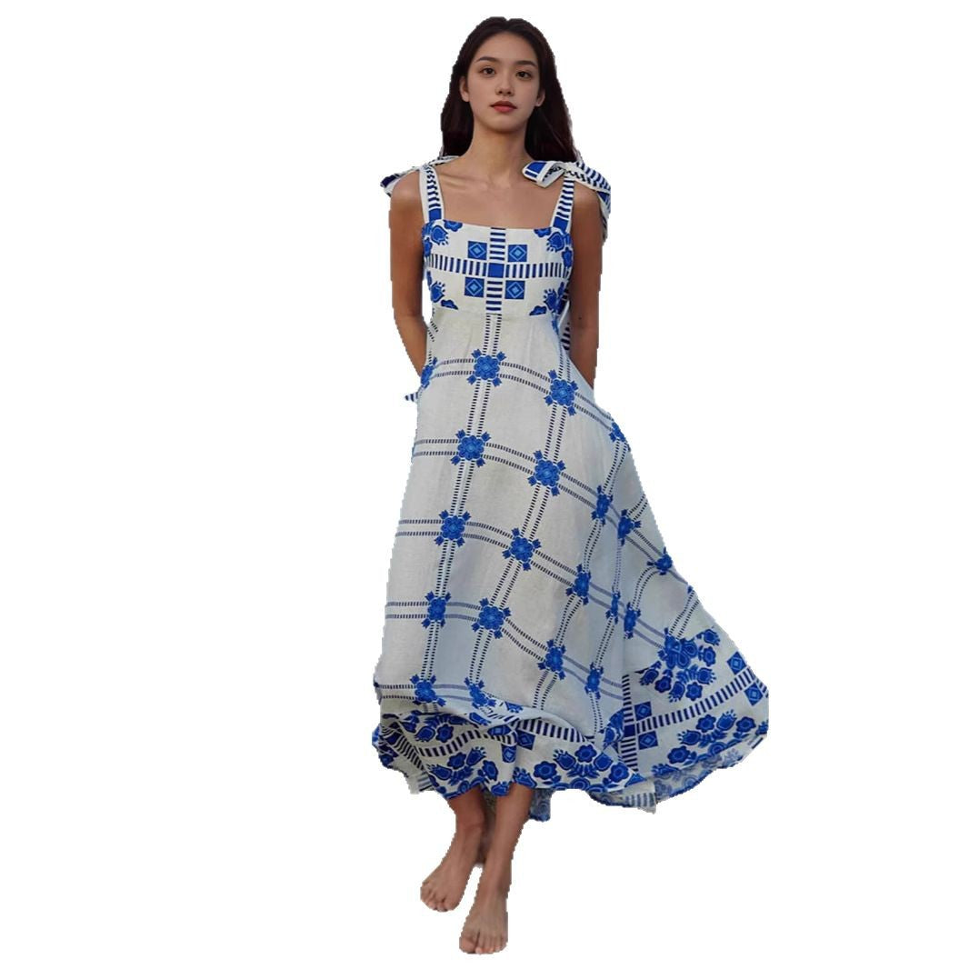Elegant Vacation Style Fashion Lace Blue and White Spliced Strap Dress