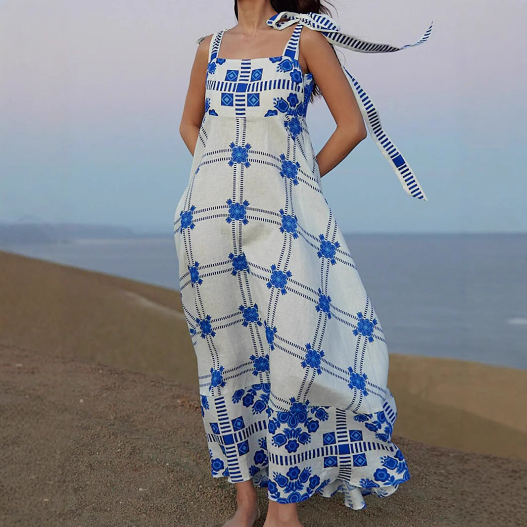 Elegant Vacation Style Fashion Lace Blue and White Spliced Strap Dress