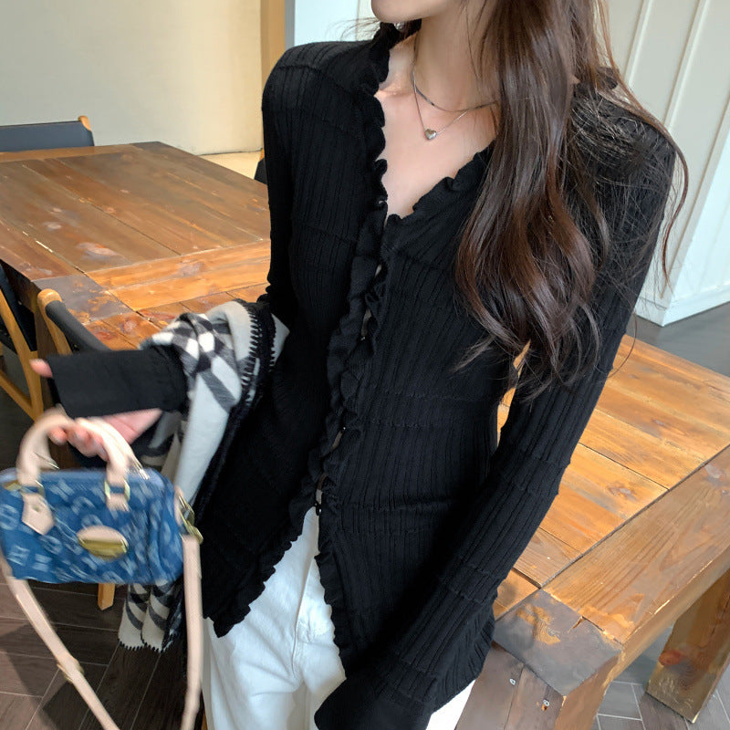 Ruffled V-Neck Long Sleeve Knit Cardigan for Women, Slim Fit, Elegant Top