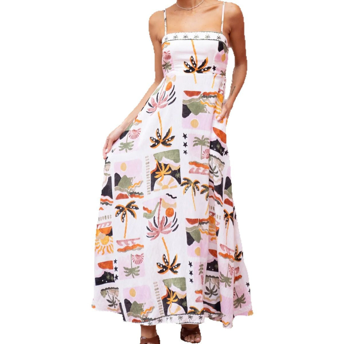 Sexy Printed Boho Maxi Dress for Women - Sleeveless, Drawstring Waist, Casual Summer Dress