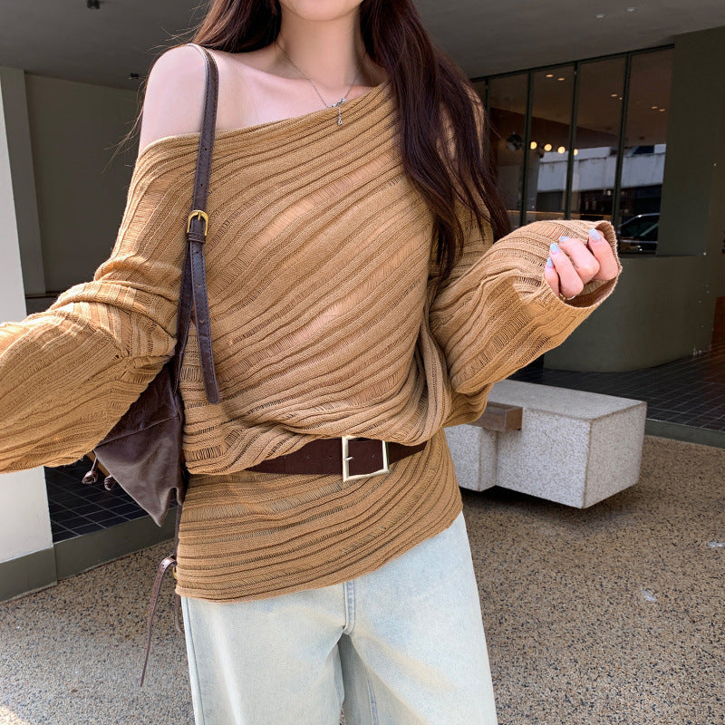 Lazy Chic Cut-Out Asymmetrical Sleeve Long Sleeve Knit Top for Women, Unique High-End Stylish Look