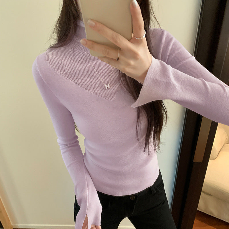 Solid Color Sheer Panel High Neck Knitwear Top for Women,Style Chic Mini  Shirt