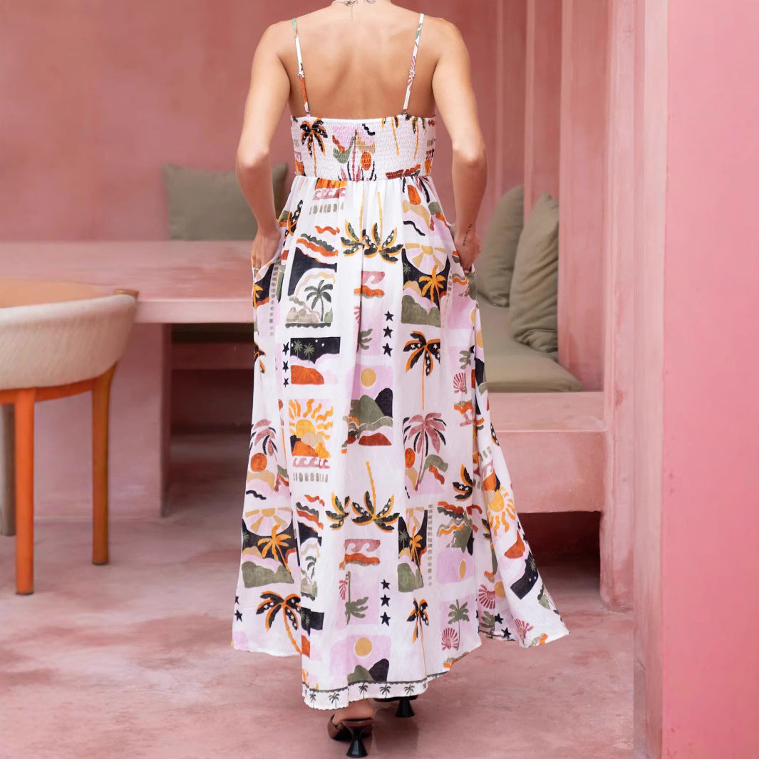 Sexy Printed Boho Maxi Dress for Women - Sleeveless, Drawstring Waist, Casual Summer Dress