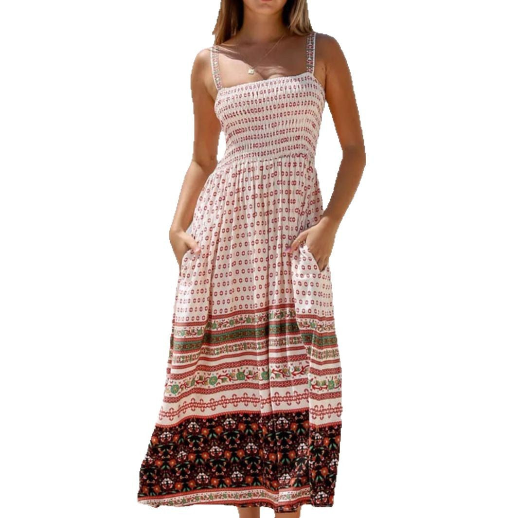 Fashionable Summer Sleeveless Printed Midi Dress with Adjustable Straps, Pocket Detail, and Patterned Design
