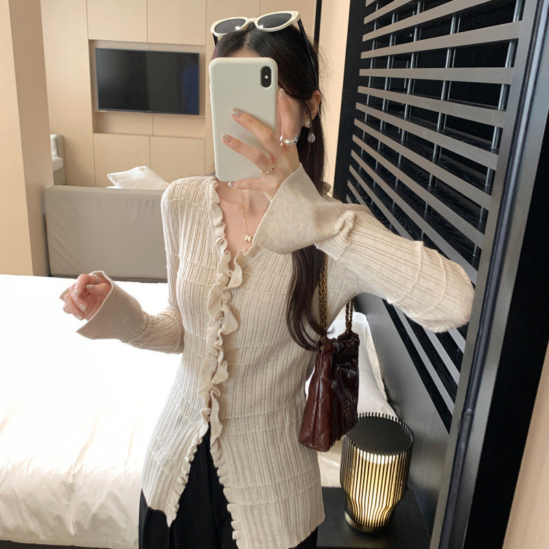 Ruffled V-Neck Long Sleeve Knit Cardigan for Women, Slim Fit, Elegant Top