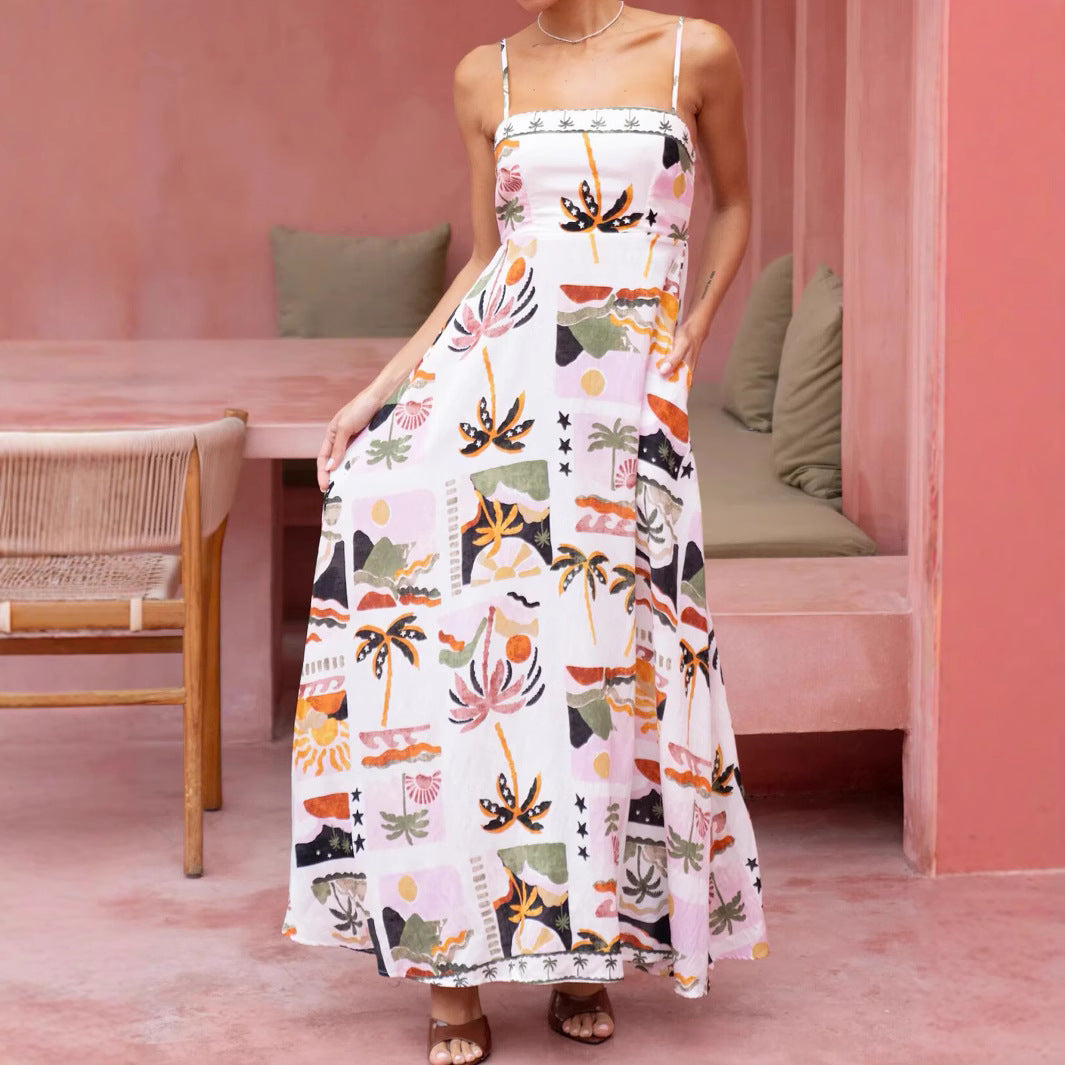 Sexy Printed Boho Maxi Dress for Women - Sleeveless, Drawstring Waist, Casual Summer Dress