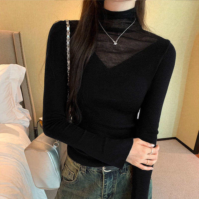Solid Color Sheer Panel High Neck Knitwear Top for Women,Style Chic Mini  Shirt