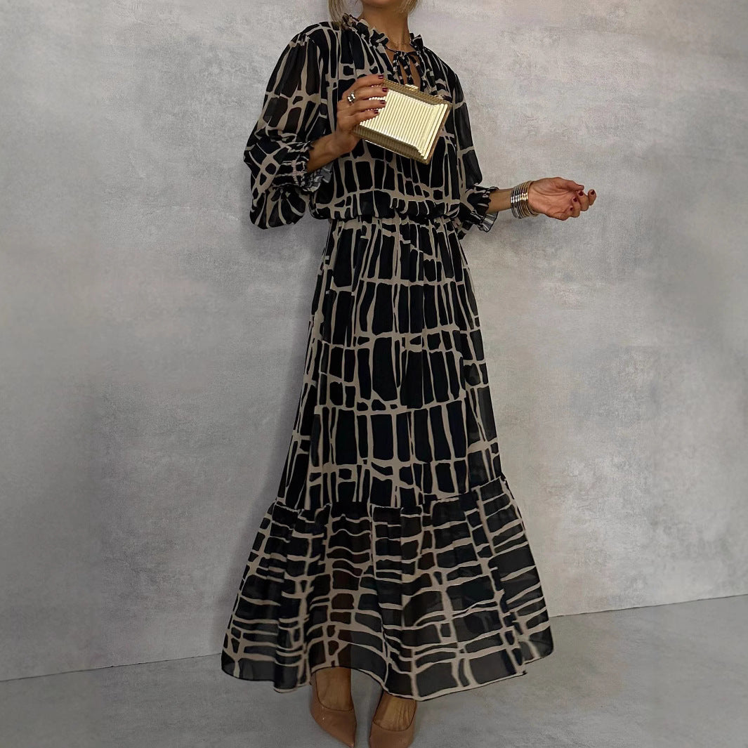 Elegant Long Sleeve Dress with Print, Fitted Waist and Flared Skirt, Autumn Fashion Dress