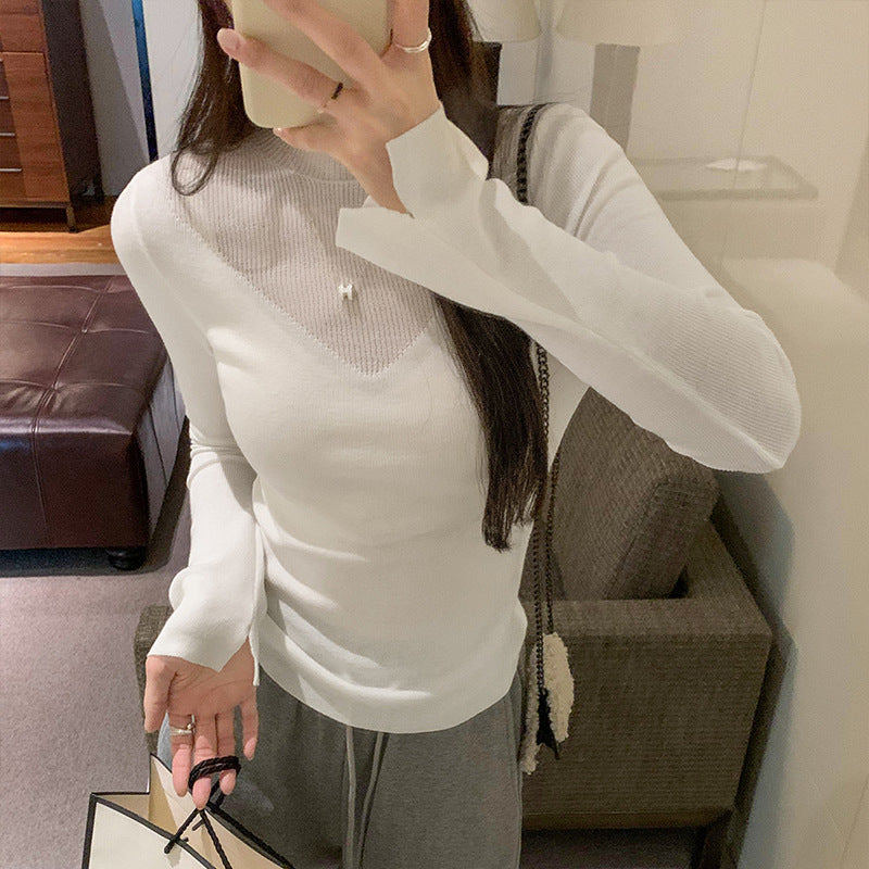 Solid Color Sheer Panel High Neck Knitwear Top for Women,Style Chic Mini  Shirt