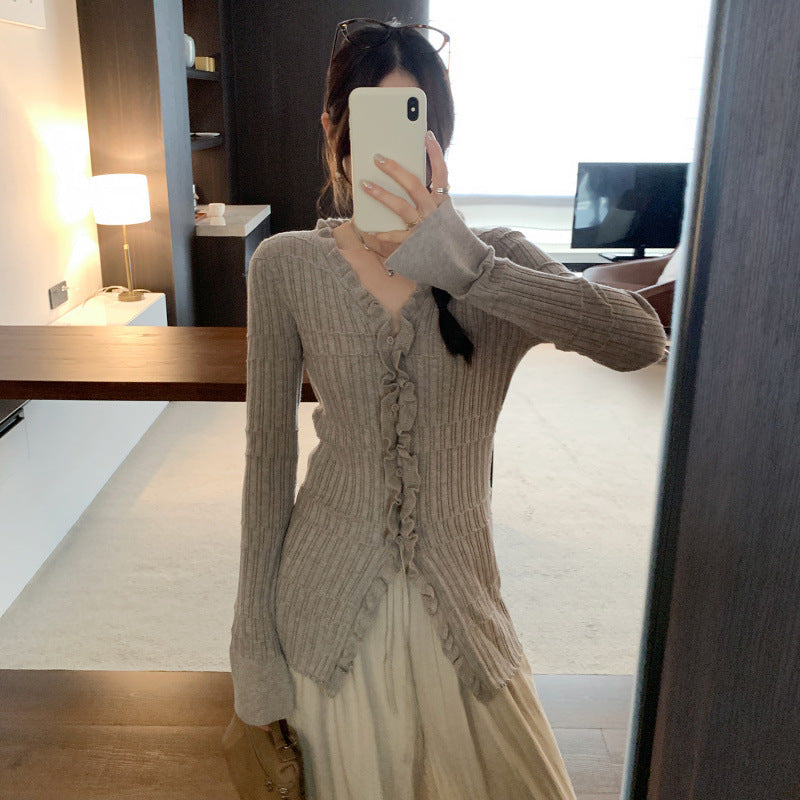 Ruffled V-Neck Long Sleeve Knit Cardigan for Women, Slim Fit, Elegant Top