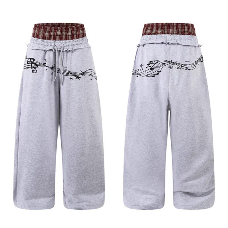 Double Waistband Design Spring Casual Wide Leg Pants with Music Note Graffiti Loose Fit