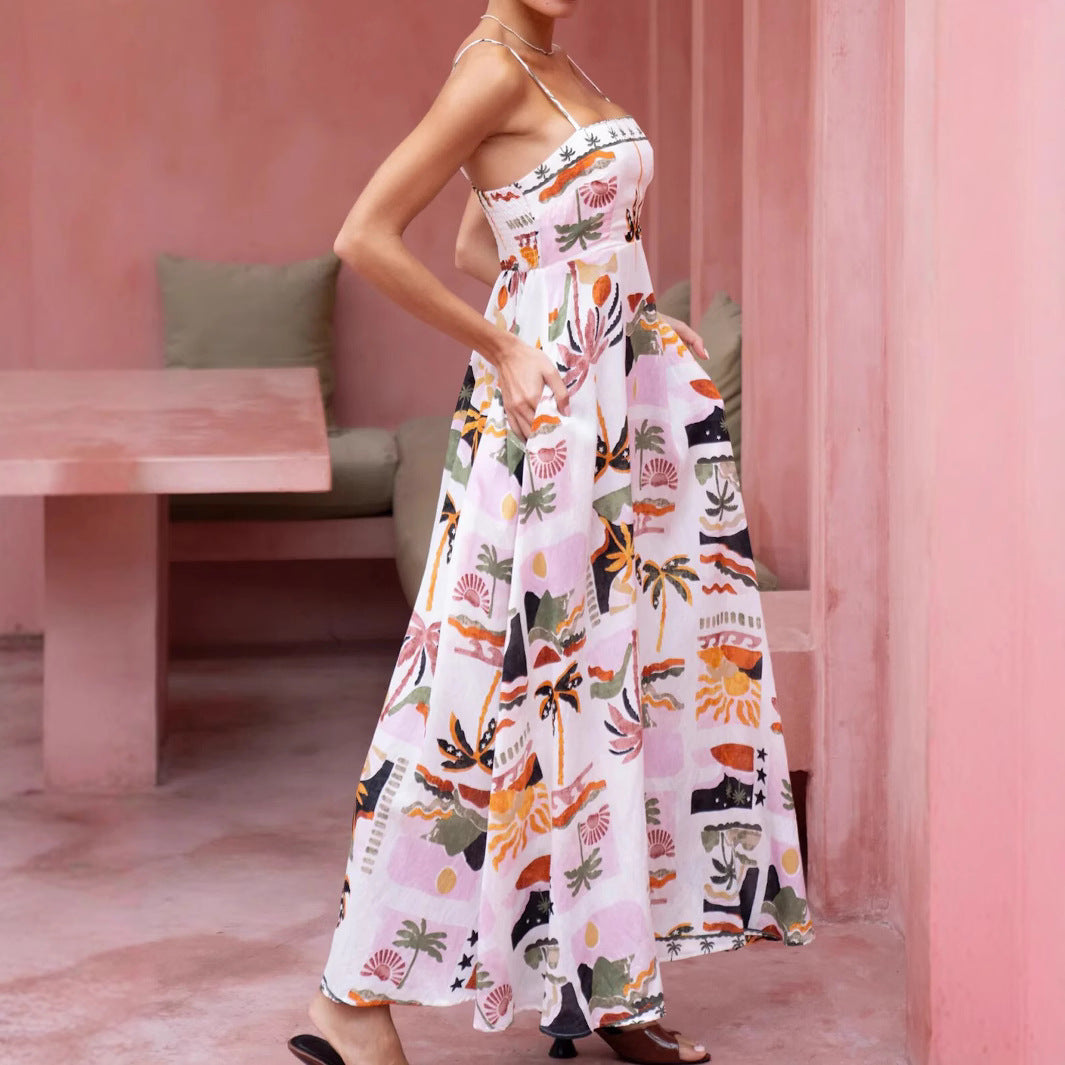 Sexy Printed Boho Maxi Dress for Women - Sleeveless, Drawstring Waist, Casual Summer Dress