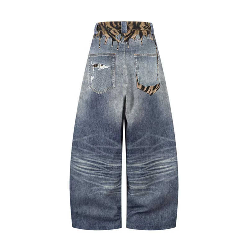 Unique Design Scratched Ripped Pleated Casual Loose Wide Leg Dagger Jeans