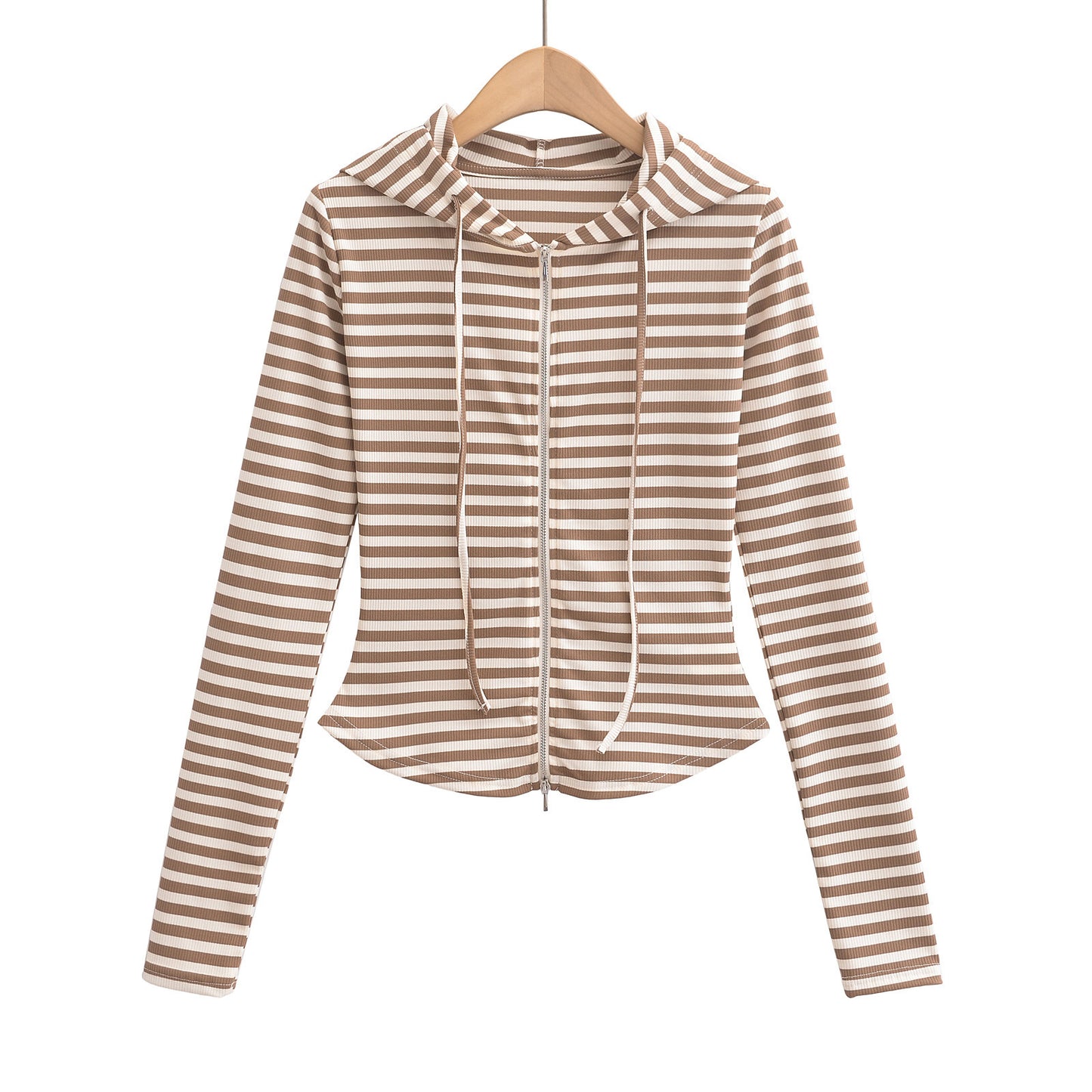 Striped drawstring hooded zipper cardigan top