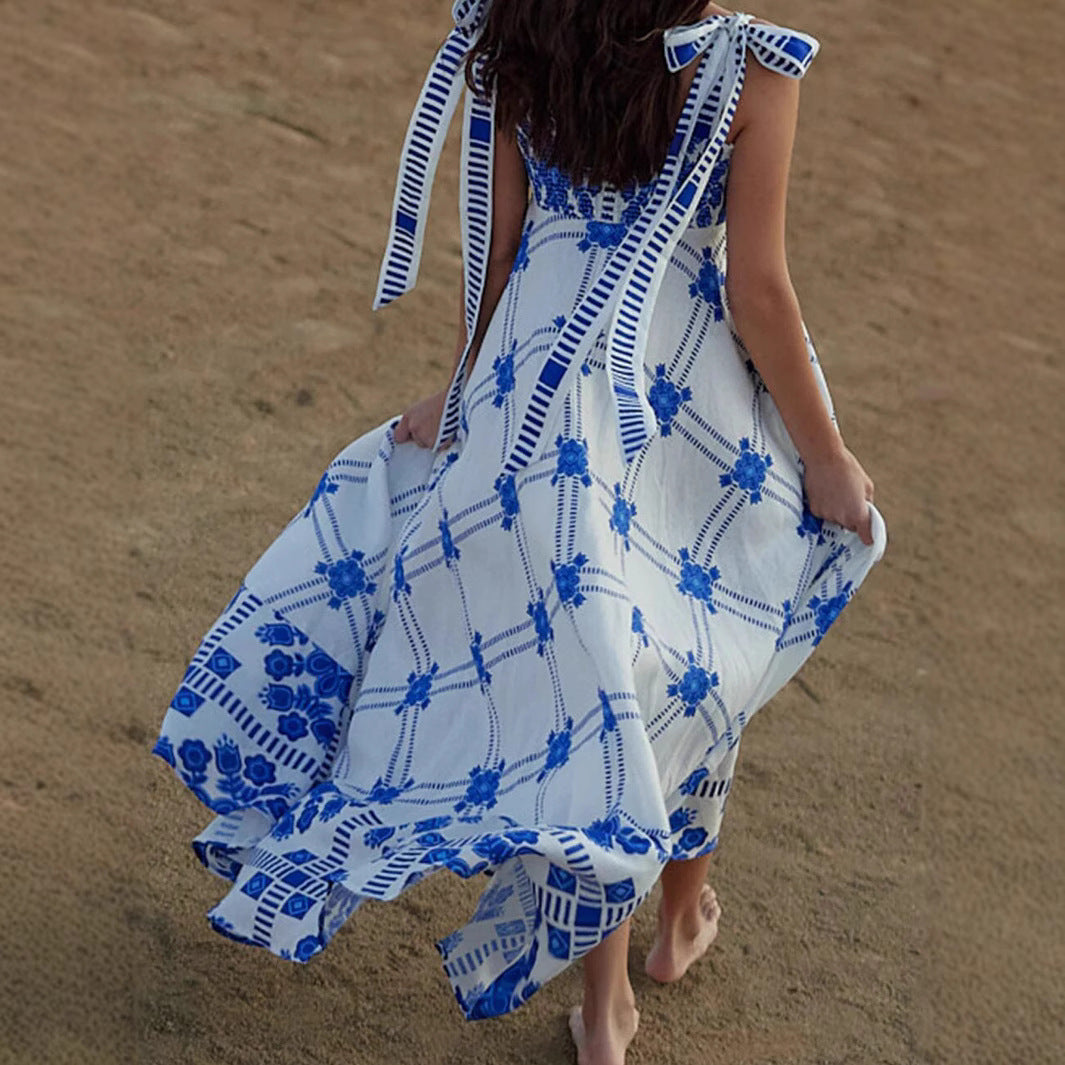 Elegant Vacation Style Fashion Lace Blue and White Spliced Strap Dress